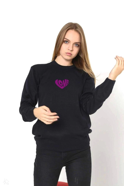 Velmora Fashion VF-Bisiklet Yaka Baskılı Dokuma Triko - Siyah -
