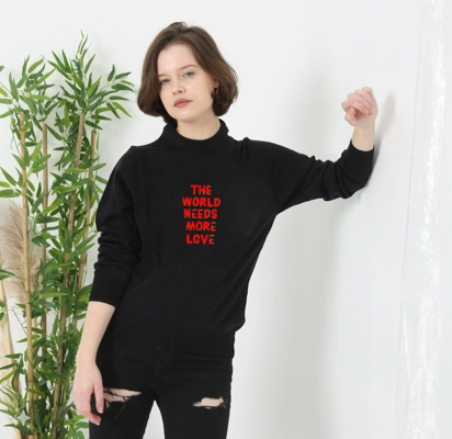 Velmora Fashion VF-Bisiklet Yaka Baskılı Dokuma Triko - Siyah -