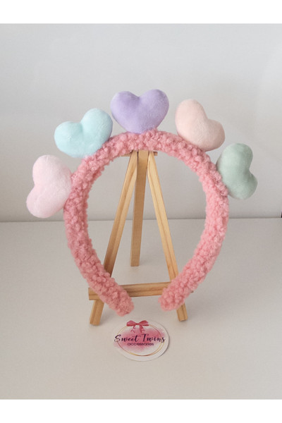 Sweet Twins Accessories Renkli Kalpli Pembe Çocuk Taç Peluş Çocuk Tacı