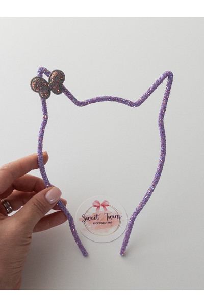Sweet Twins Accessories Simli Işıltılı Kedi Kulaklı Kelebekli Mor Çocuk Taç