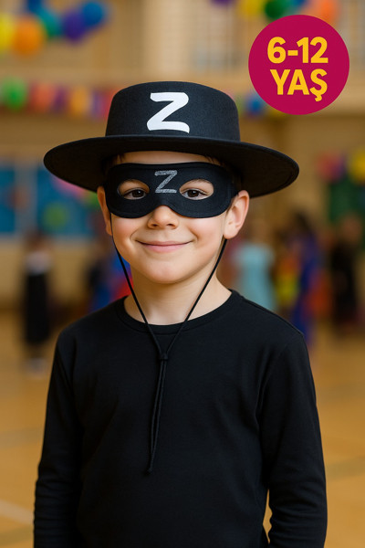 Toyfest Zorro Çocuk Kostüm Seti Şapka Ve Maske Z Harfli Kahraman Aksesuarı Parti Oyuncak - (6-12 Yaş Arası)