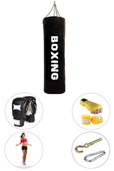 Spor Byfit 80 Cm X 30 Cm Siyah Boks Torbası + Eldiven + Bandaj + Atlama Ipi + Askı Aparatı - 5' Li Set - Dolu