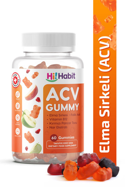 Hi Habit Elma Sirkeli Gummy Folik Asit Içeren Sindirim Ve Enerji Desteği Takviye Edici Gıda Vegan Gummies