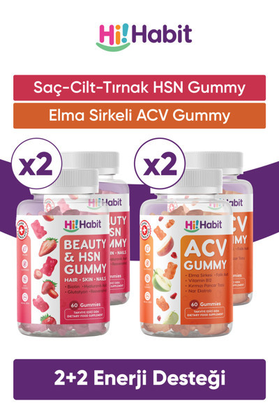 Hi Habit Hsn Saç, Cilt Ve Tırnak Vitamini - Acv Elma Sirkesi Gummy Takviye Edici Gıda Seti