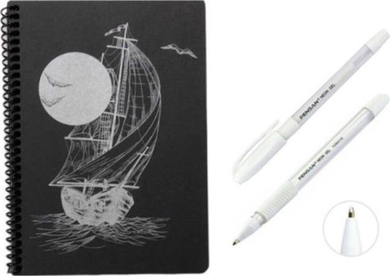 Mekafix Desenli Siyah Defter Siyah Yapraklı Defter - Siyah Sayfalı Defter Beyaz Jel Kalem Siyah