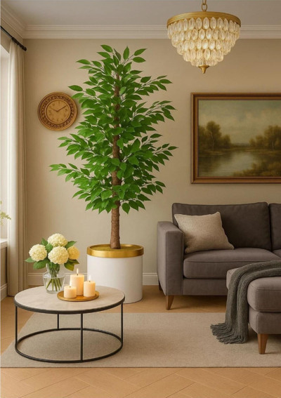 YAPAY AĞAÇ BENJAMİN 1.50 Metre Beyaz Gold Lux Saksı Ve Dolomit Taşı Dahildir