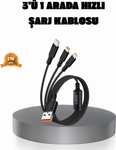 3’ü 1 Arada Şarj Kablosu Type-C iOS Android Uyumlu Hızlı ve Güvenli Şarj