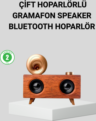 Retro Gramafon Bluetooth Hoparlör Çift Stereo Sesli FM Radyo Destekli
