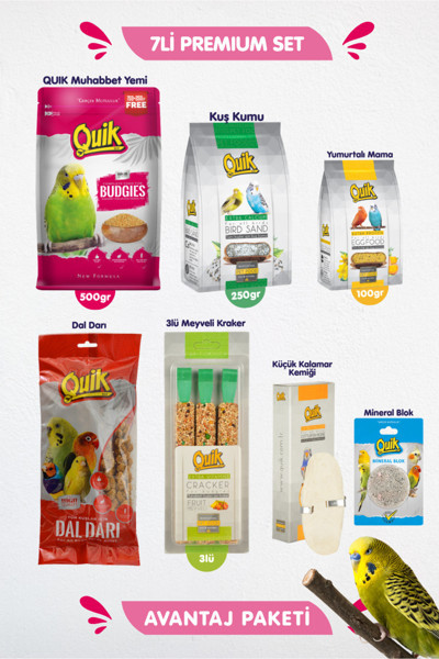 Quik 7Li Set - Muhabbet Kuşu Besin Vitamin Bakım Başlangıç Seti - Kraker Min. Blok Muhabbet Yemi Dal Darı