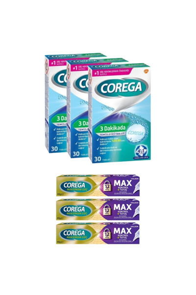 Corega x3 3 Dakikada Diş Protezi Temizleyici 30 Tablet + x3 Max Kontrol + Tutuş Protez Yapıştırıcı 40 gr