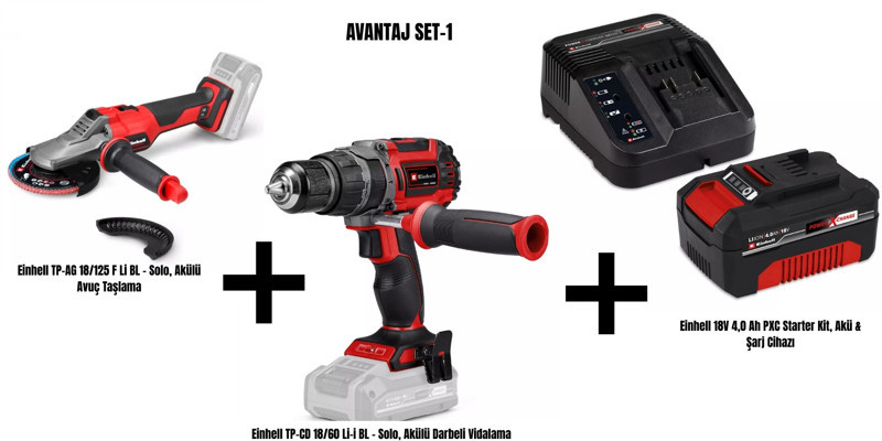 Einhell Avantaj Set-1 (TP-AG 18/125 F Li BL Akülü Avuç Taşlama+ TP-CD 18/60 Li-i BL Akülü Darbeli Vidalama+ 18V 4,0 Ah PXC Starter Kit, Akü & Şarj Cihazı