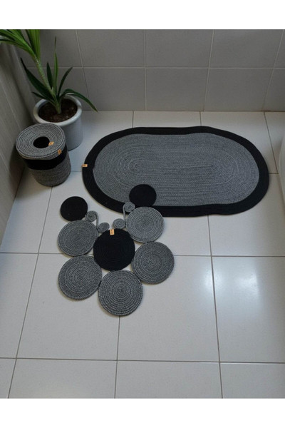 Home İnn Banyo Seti 3'Lü El Yapımı Örgü Paspas (60X100 Cm) & Yuvarlak Çöp Kovası Seti | Leke Tutmaz
