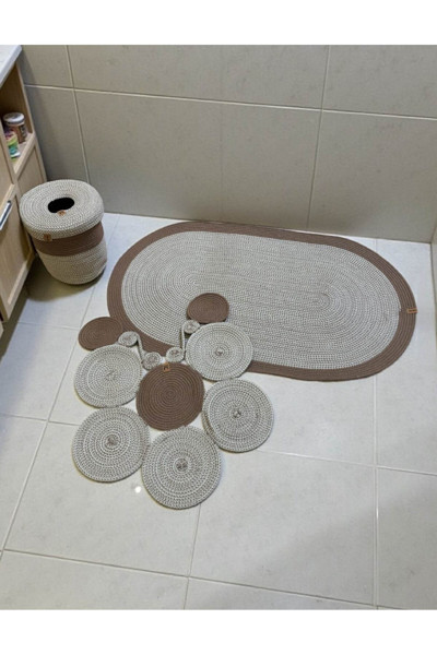 Home İnn Banyo Seti 3'Lü El Yapımı Örgü Paspas (60X100 Cm) & Yuvarlak Çöp Kovası Seti | Leke Tutmaz