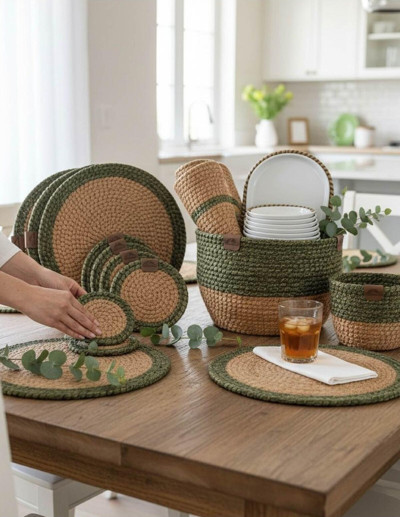 Home İnn 4 Kişilik Lüks Hasır Örgü Yeşil Sofralık Set (Amerikan Servis, Runner, Sepet, Ekmeklik) - 16 Parça