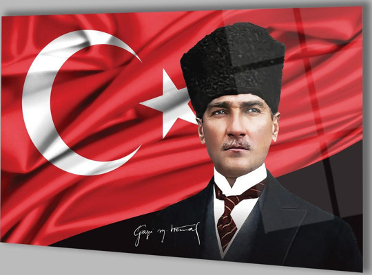 Ne Verelim Size Atatürk Portre Ve Türk Bayrağı Yatay Cam Tablo, Modern Duvar Dekoru , Kurum Ofis İş Hediyelik Tablo