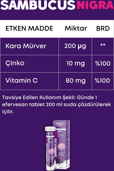 HAPPY CURE SAMBUCUS NIGRA EFFERVESCENT TABLET, KARA MÜRVER, C VİTAMİNİ VE ÇİNKO İÇEREN TAKVİYE EDİCİ GIDA 20 tablet