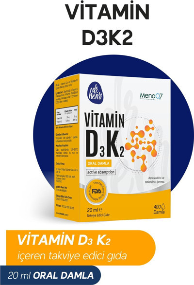DR. HENRI VİTAMİN D3K2 ORAL DAMLA, D3 VİTAMİNİ VE K2 VİTAMİNİ İÇEREN TAKVİYE EDİCİ GIDA 20ml şişe