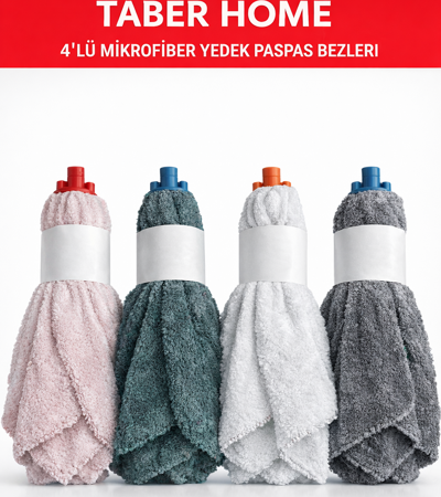 Taber Home 4'lü Mikrofiber Yedek Paspas Bezi Vidalı Mop Başlığı Seti - Yüksek Emici Temizlik Bezi