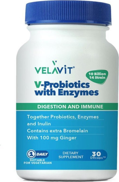 Velavit V-Probiotics With Enzymes 30 Kapsül Probiyotik, Enzim, Inulin Ve Zencefil Içeren Takviye Edici Gıda