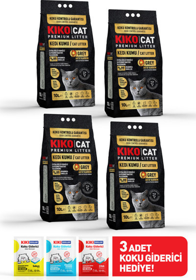 Kiko GREY AKTİF KARBON PREMIUM BENTONİT KEDİ KUMU - (DÖRTLÜ PAKET) 10Lx4 - KOKU GİDERİCİ HEDİYELİ
