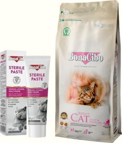 BonaCibo Kısırlaştırılmış Kedi Bakım Seti: Light & Sterilised Kuru Mama 2 Kg ve Sterile Paste Vitamin Macunu 100g