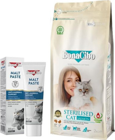 BonaCibo Somonlu ve Balıklı Kısırlaştırılmış Kedi Maması 2 Kg + Malt Paste 100 gr - Balık Sever Kedilere Özel Set