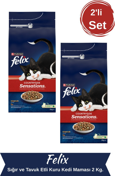 Felix Sığır ve Tavuk Etli Kuru Kedi Maması 2 Kg. 2'Li Set