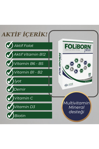 FOLIBORN PLUS TABLET, VİTAMİN, MİNERAL VE İZ ELEMENT İÇEREN TAKVİYE EDİCİ GIDA 30 tablet