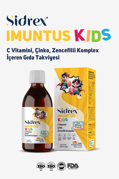 SIDREX IMUNTUS KIDS SIVI CAM ŞİŞE, ZENCEFİL EKSTRESİ, C VİTAMİNİ VE ÇİNKO İÇEREN TAKVİYE EDİCİ GIDA 150ml şişe