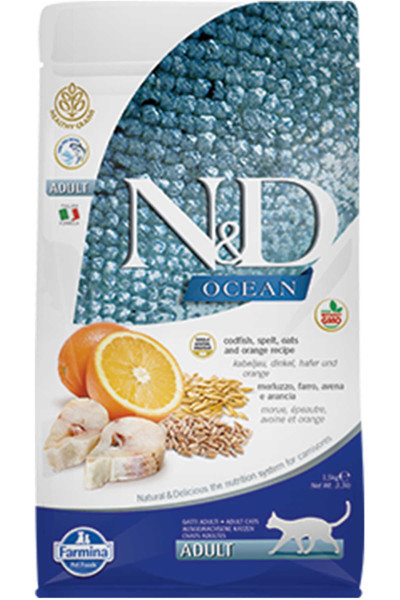 N&D Nd Ocean Düşük Tahıllı Morina Balığı Ve Portakallı Yetişkin Kedi Maması 1,5Kg