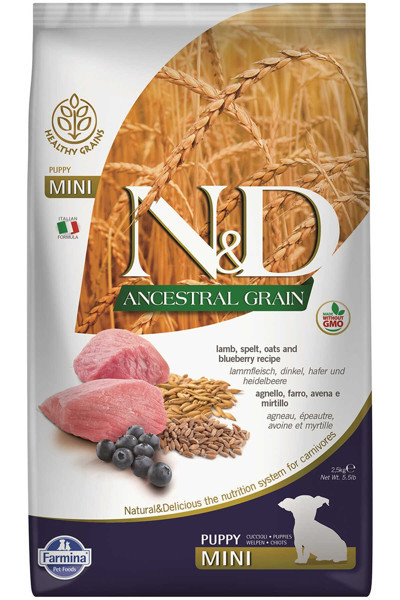 N&D Ancestral Grain Tahıllı Kuzu Eti Ve Yaban Mersinli Küçük Irk Yavru Köpek Maması 2,5 Kg