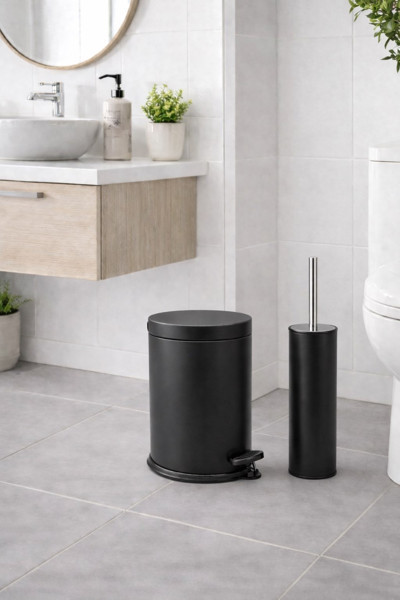 Mat Siyah 2'li Banyo Seti - Metal Çöp Kovası 3 Lt Ve Wc Fırçası Takımı Titan 7200