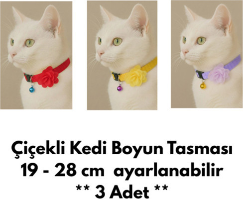 Chittoshop Çiçekli Ayarlanabilir Kedi Boyun Tasması 19–28 cm | Zilli Şık Kedi Tasması ** 3 ADET