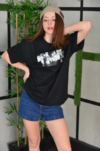 Unisex Bisiklet Yaka Baskılı Oversize TShirt