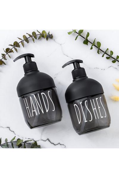 C-527 2'li Cool Sıvı Sabunluk Seti - Mutfak-Banyo Tezgah Üstü Temizlik Seti - Siyah Cam 425 mL
