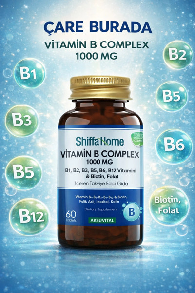 B Complex Kapsül 1000 mg 60 Kapsül (Biotin, Folat, Kolin, Vitamin B1, B2, B3, B5, B6, B12)