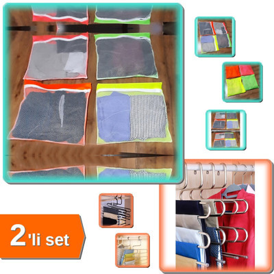 Fermuarlı Valiz 4 Adet 4 Renk Bavul İçi Düzenleyici + 5 Katlı Pantolon Askısı - 2li Set F3F5V3