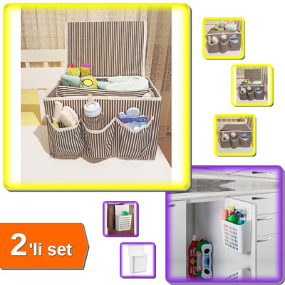 5 Bölmeli Pratik Bebek Beşik Başucu Düzenleyici + Dolap Kapağına Asılabilen Organizer - 2Li Set T0Y4