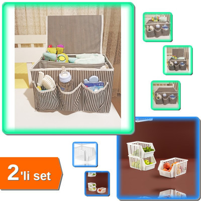 5 Bölmeli Bebek Beşik Başucu Düzenleyici + Kat Kat Düzenleyici - Katlı Düzenleyici - 2li Set F4Q5V4