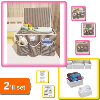 5 Bölmeli Bebek Beşik Başucu Düzenleyici Kapaklı + 4 Parça Çekmece Düzenleme Organizer - 2li Set V3P