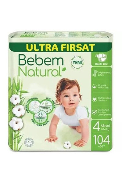 BEBEM NATURAL Ultra Fırsat Maxi 4 Numara Bebek Bezi 104 Adet 7-14 Kg