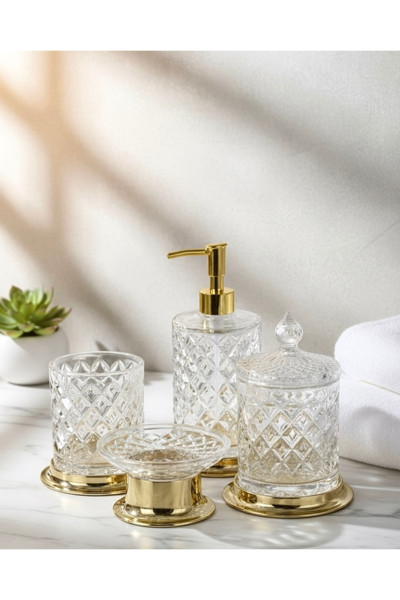Kristal Serisi Cam Gold Banyo Seti, 4 Parça Sıvı Sabunluk,Fırçalık,Katı Sabunluk,Pamukluk