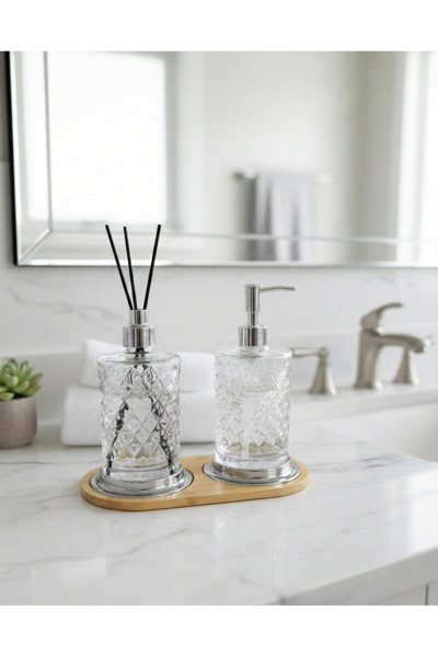 KRİSTAL CAM KOKULUK + KRSİTAL CAM SIVI SABUNLUK + BAMBU TEPSİ