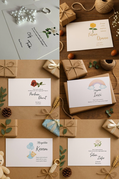 25 Adet Hediyelik Anahtarlık - Kına,düğün,nişan,nikah,mevlid,yenidoğan hediyelik - 6 farklı kart