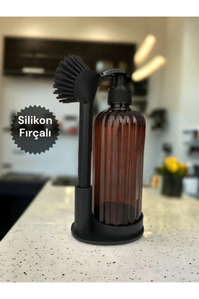 Sıvı Sabunluk Yumuşak Silikon Fırçalı Set -Bulaşık Deterjanı-Çamaşır Suyu - Amber Şişe 500 ml M-166