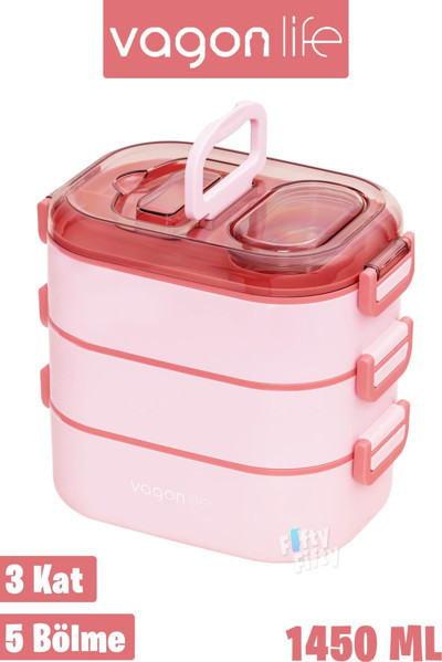 Vagonlife 1450 ML 3 Kat Çelik (2 Kat Kullanılabilir) Bento Lunch Box Yeni Nesil Sefer Tası-FFLBOX7083
