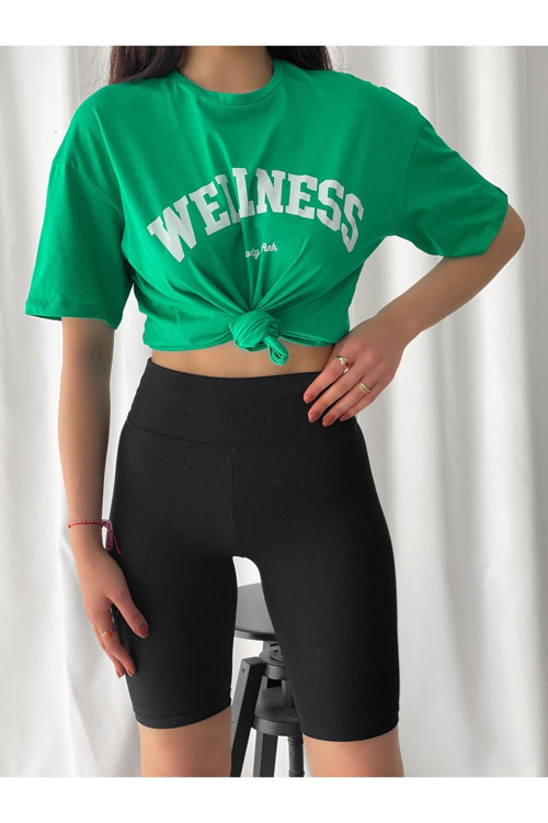 Kadın Oversize Yazı Baskılı Bisiklet Yaka T-Shirt Yeşil L
