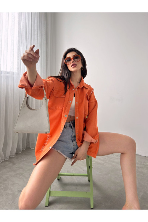 Kadın Yırtıklı Çift Cepli Çıt Çıt Kapamalı Oversize Kot Ceket Somon Standart