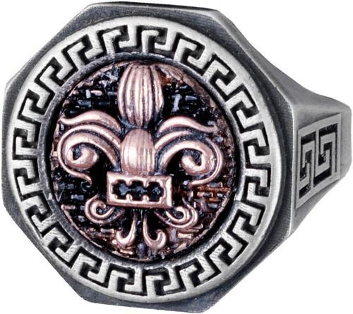 925 Ayar Gümüş Yüzük - Yunan Anahtarı Tasarımı Erkek Yüzüğü - El Yapımı Yüzük (Fleur-de-Lis)
