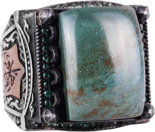 Sterling Gümüş Erkek Yüzük - Doğal Jade Taşlı - İslami Tasarım - El Yapımı Vintage Yüzük
